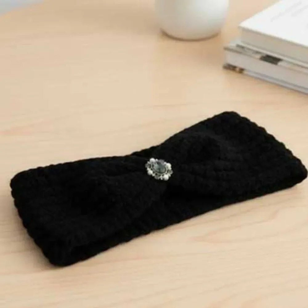 Ladies Black Vintage Style Jewel Knitted Winter Headband